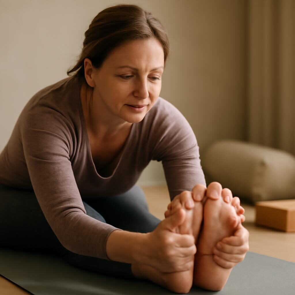 Femme de 40 ans en posture de flexion avant assise, expression apaisée