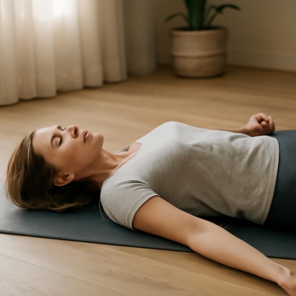 Femme en savasana sur tapis de yoga, lumière naturelle douce
