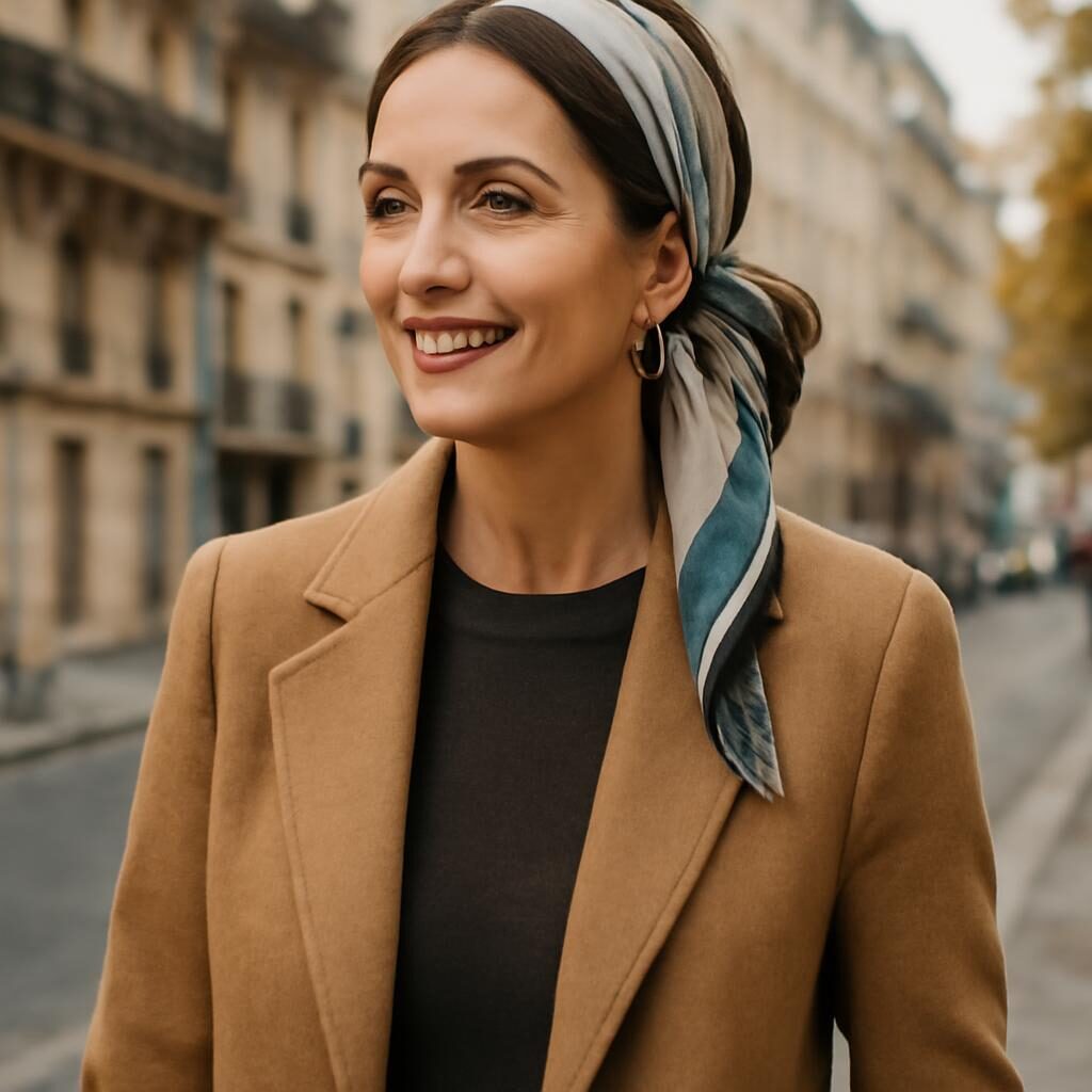Accessoires tete femme mature : foulard soie style parisien apres 40 ans