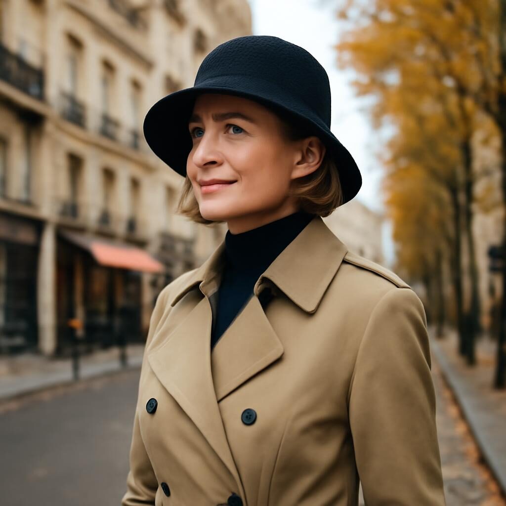 Femme stylée 40 ans chapeau bob trench coat look automne parisien