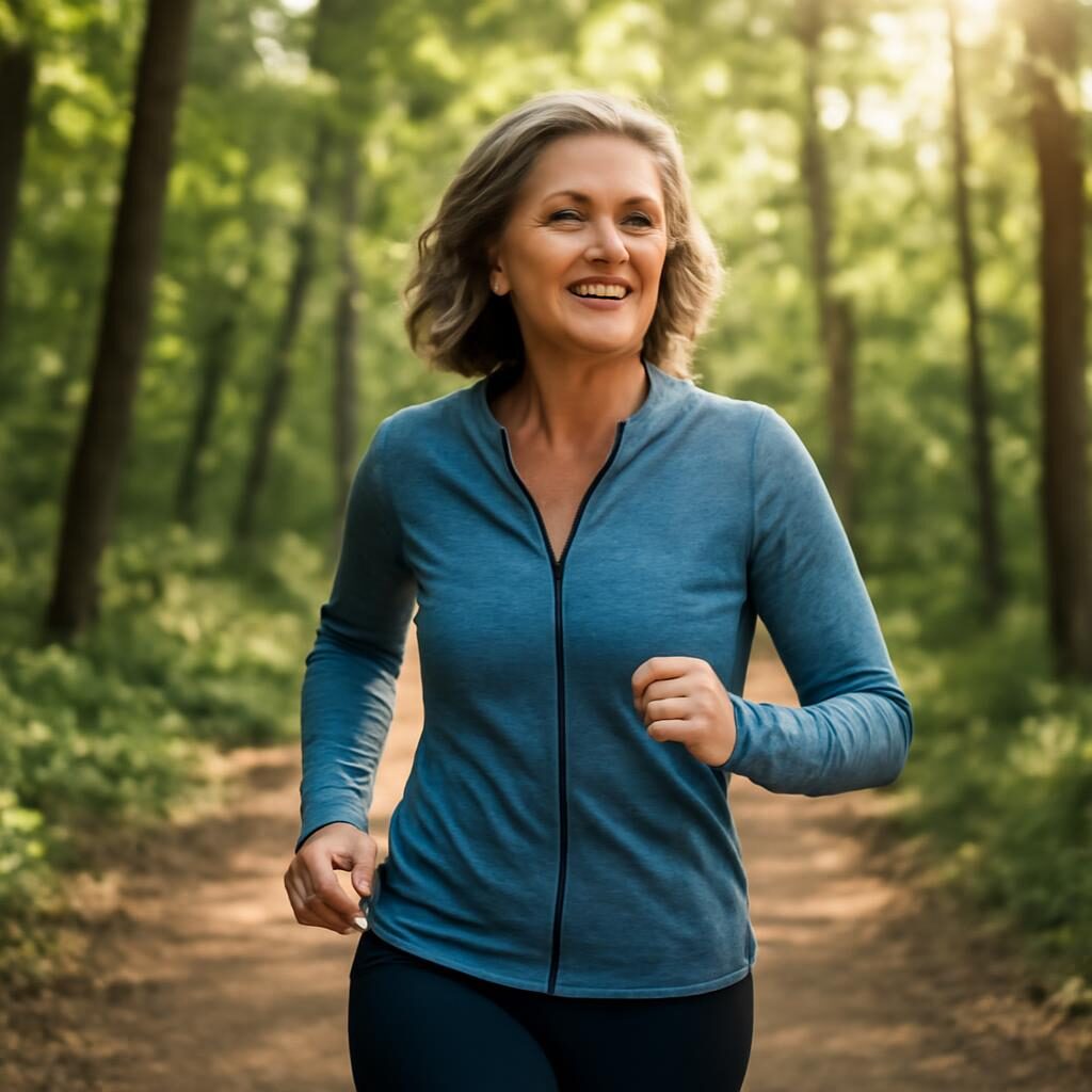 Femme cinquantaine marche dynamique en forêt prévention arthrose