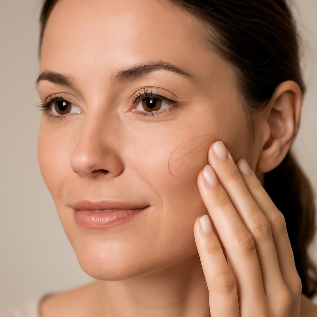 Femme 40 ans appliquant BB cream sur peau mature teint naturel