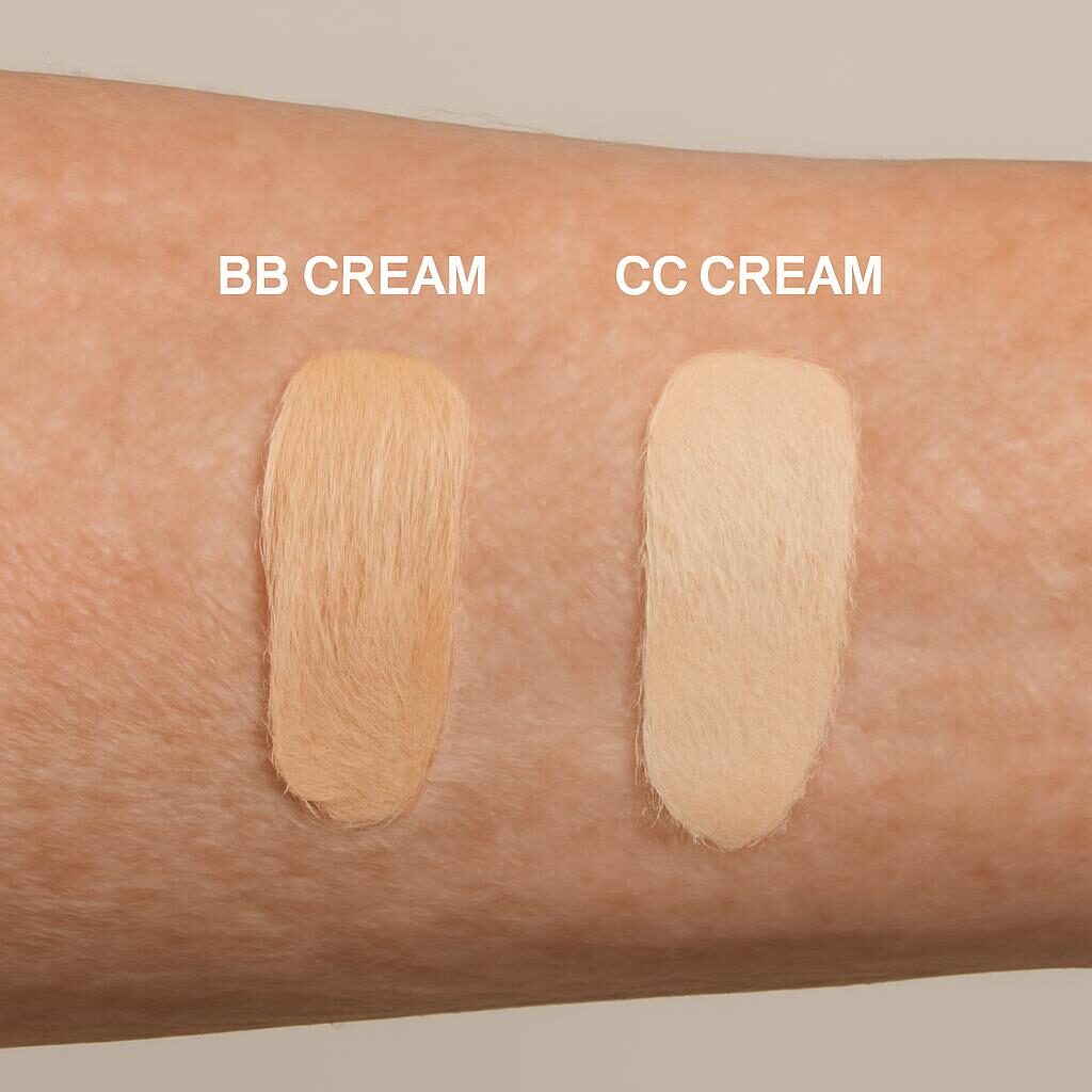 Comparaison swatches BB cream CC cream bras peau mature texture