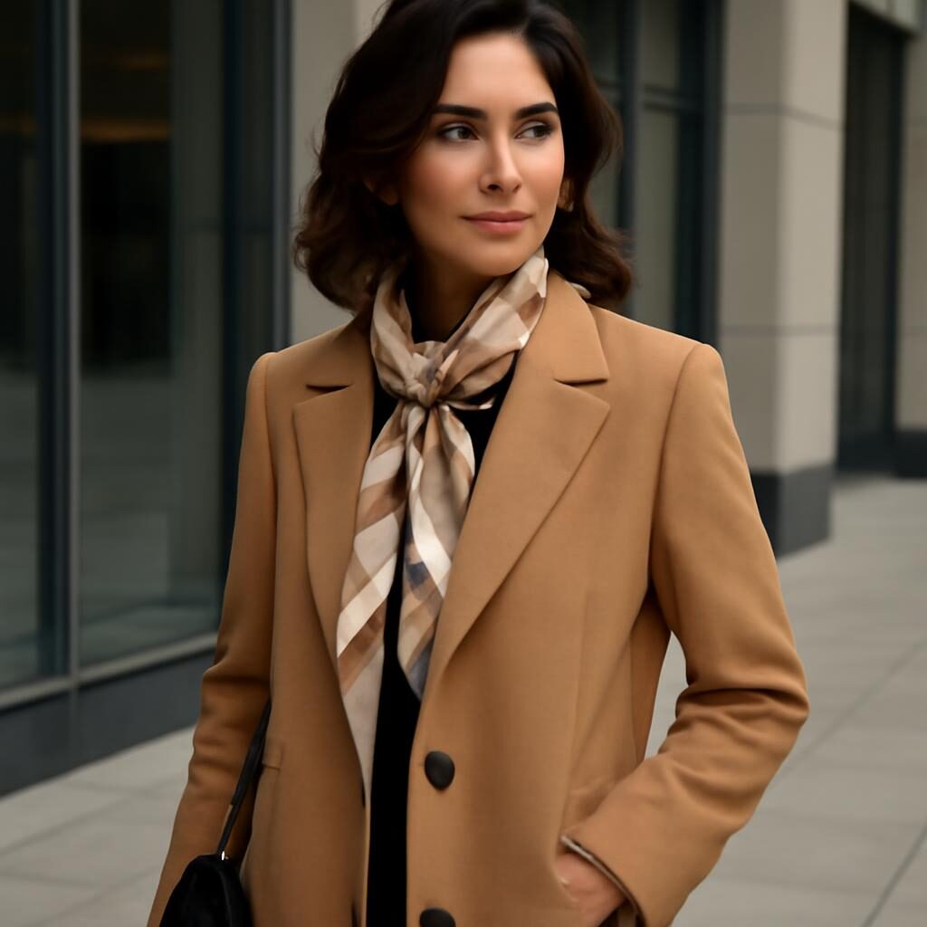 Femme manteau camel foulard soie immeuble bureau