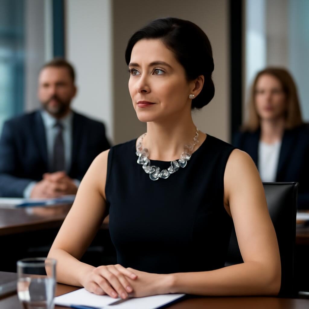 Femme robe noire collier statement réunion bureau