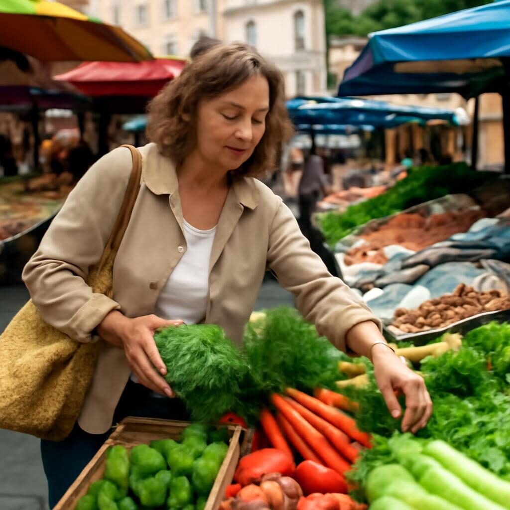 Femme faisant les courses de légumes et poissons frais au marché