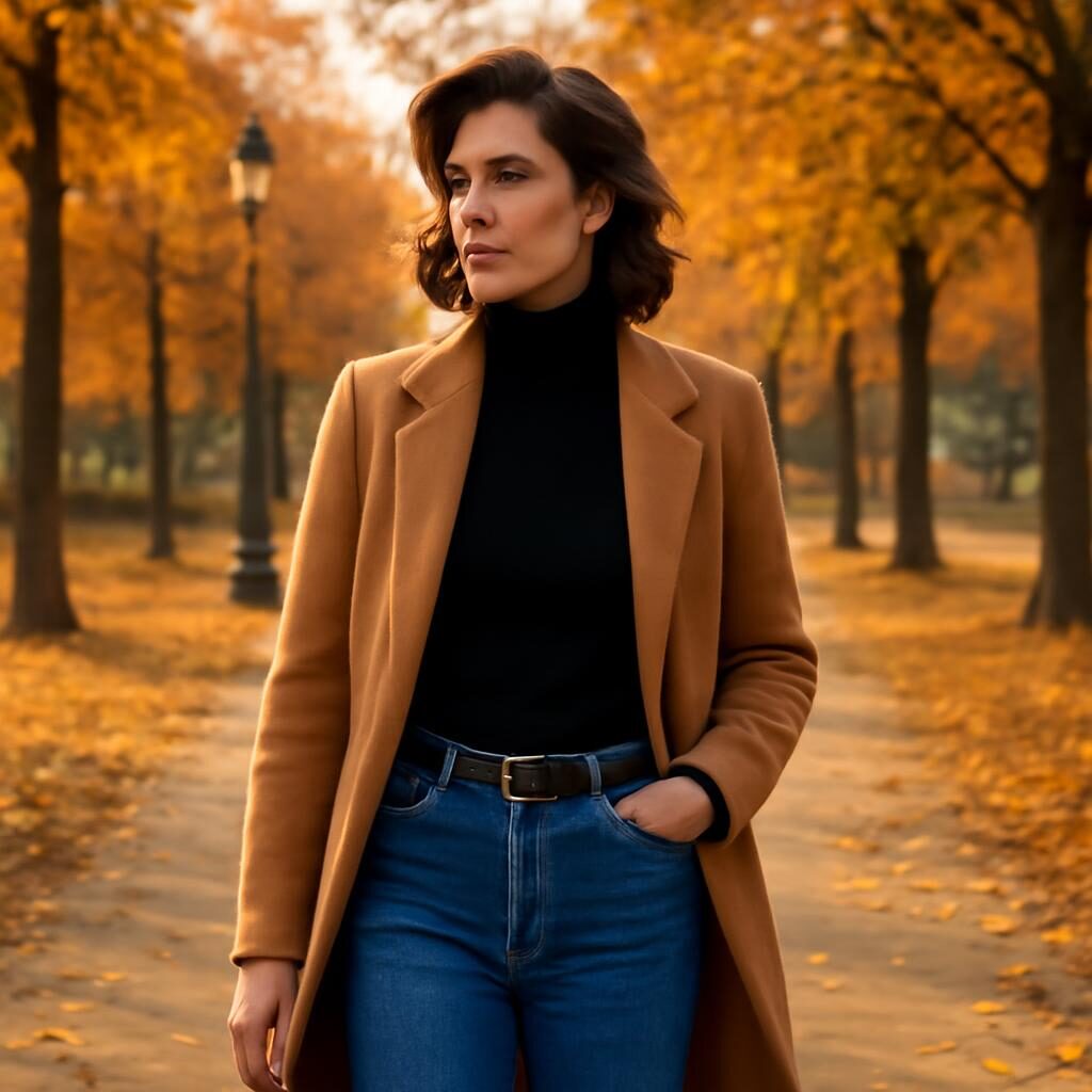 Femme stylée 40 ans en col roulé noir et manteau camel automne