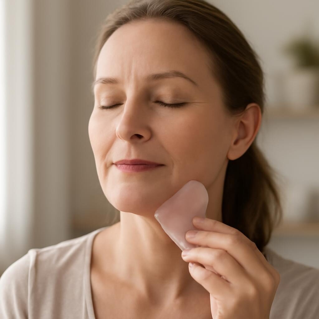 Femme pratiquant massage gua sha quartz rose machoire routine beaute maison