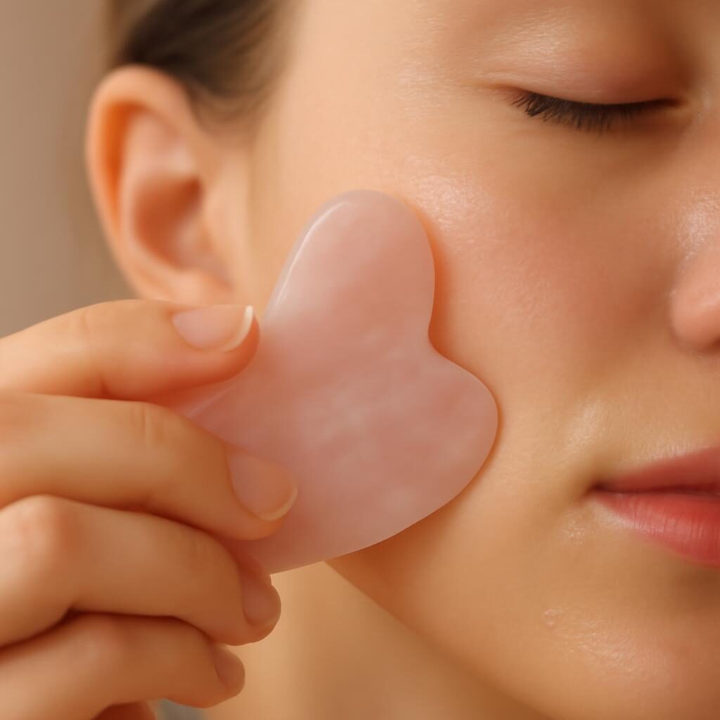 Gua sha quartz rose sur peau nette avec serum huile beaute soin visage