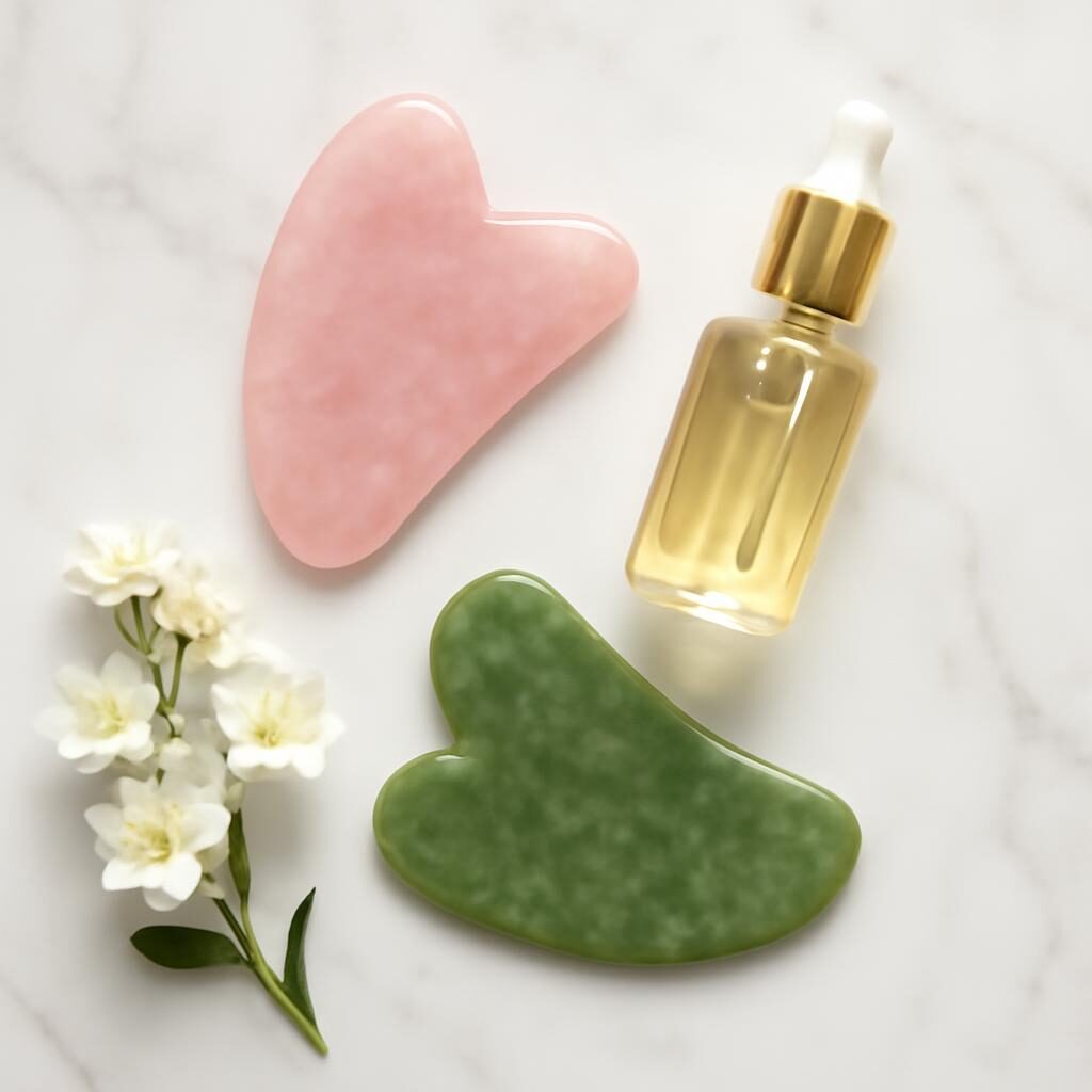 Flat lay outils gua sha jade quartz rose huile visage marbre soin luxe