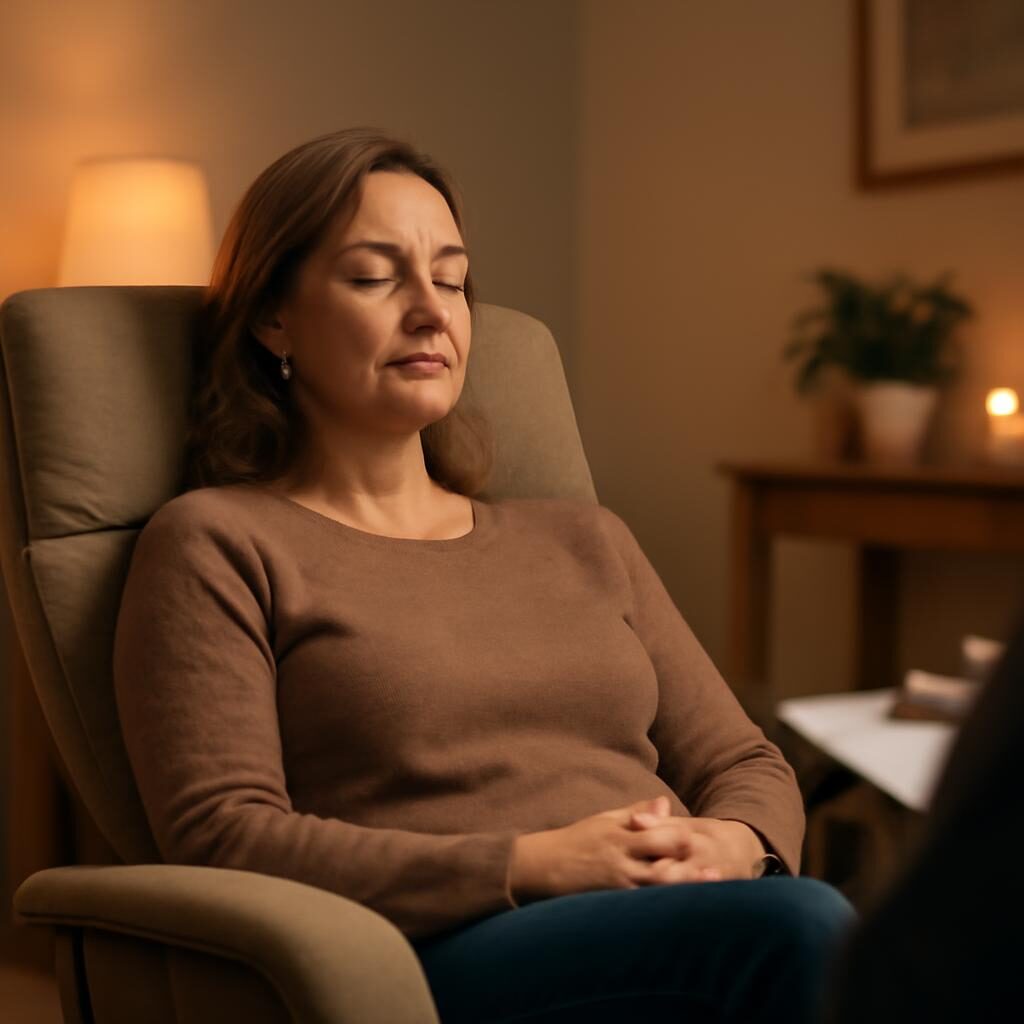 Femme 40 ans seance hypnotherapie relaxation profonde cabinet therapeutique