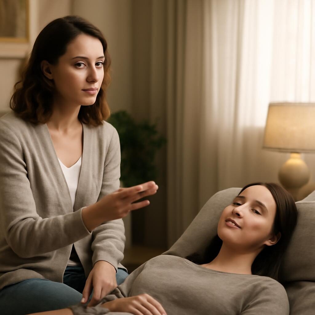Hypnotherapeute guidant patiente relaxee en seance therapie douce