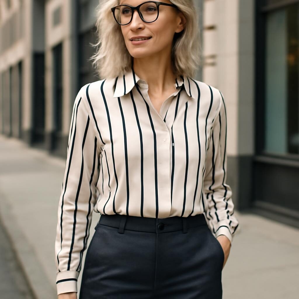 Femme mature blouse rayée pantalon élégance urbaine
