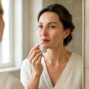 Soins lèvres après 40 ans : application de baume nourrissant en cabinet