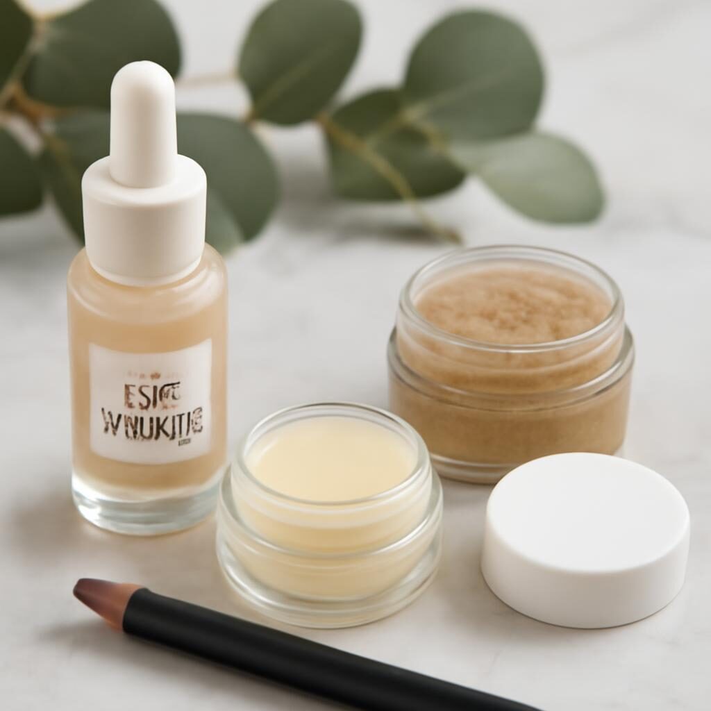 Produits de soin pour lèvres matures sur surface en marbre