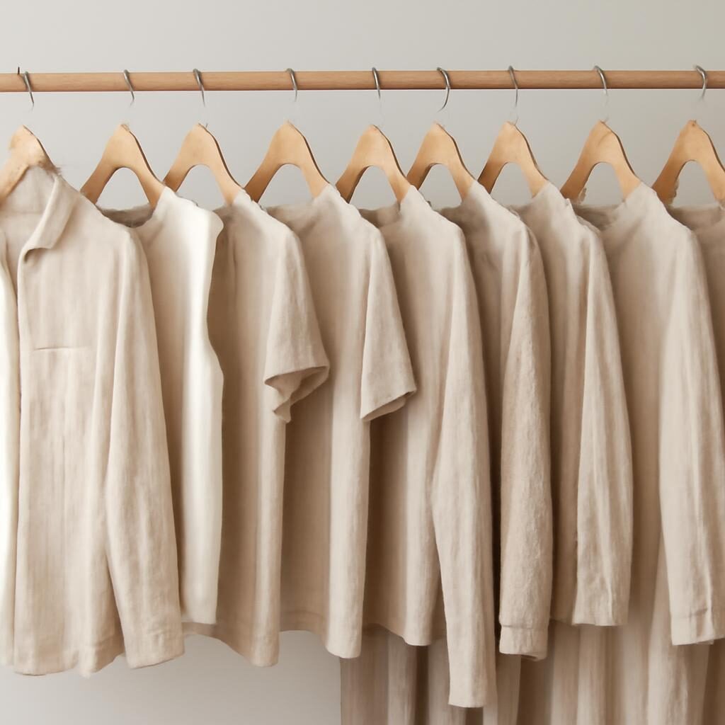 Capsule wardrobe durable vetements qualite lin coton naturel cintres bois