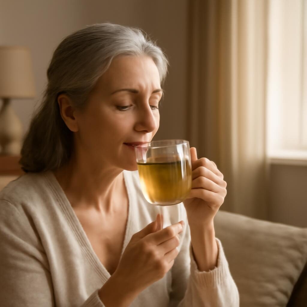 Femme mature tisane salon canapé sérénité