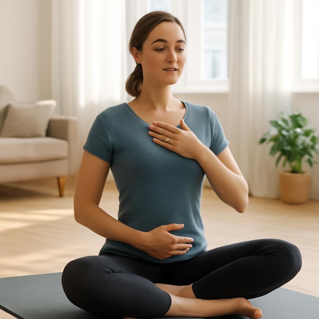 Femme exercices respiration pilates tapis appartement
