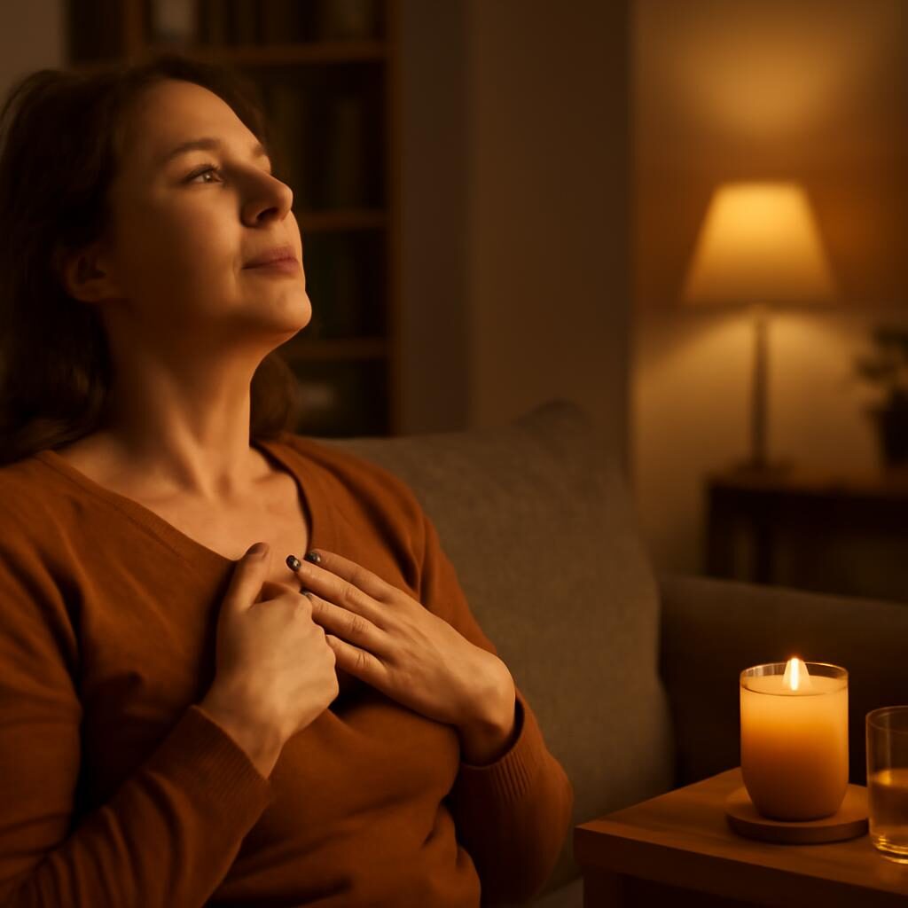 Femme pratiquant la respiration abdominale sur canapé pour gérer le stress