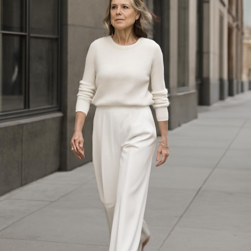 Femme mature en total look blanc et mocassins beiges