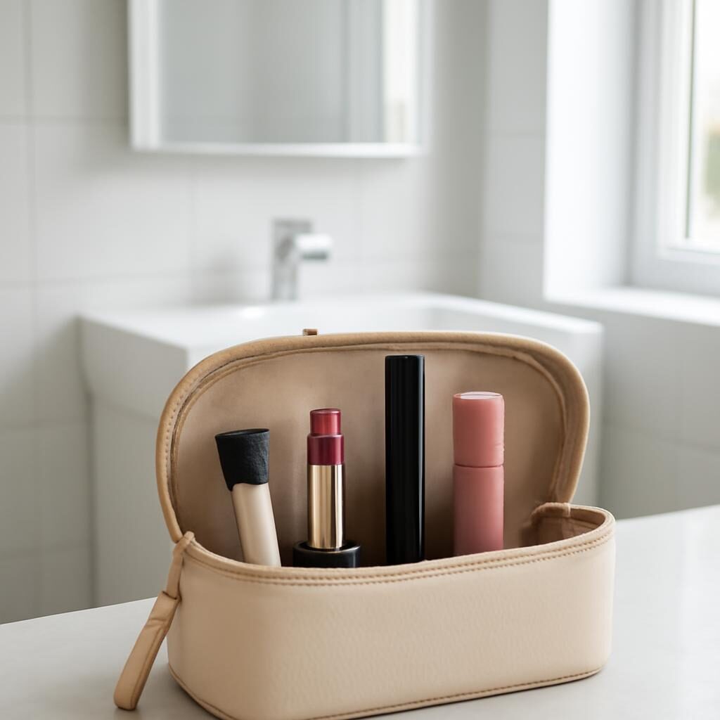 Trousse maquillage cuir avec cosmétiques essentiels