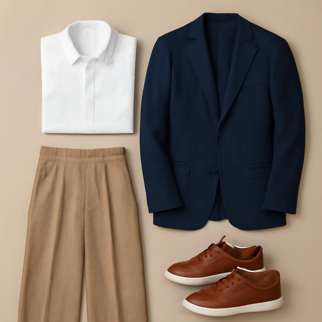 Flat lay capsule voyage chemise blanche blazer pantalon