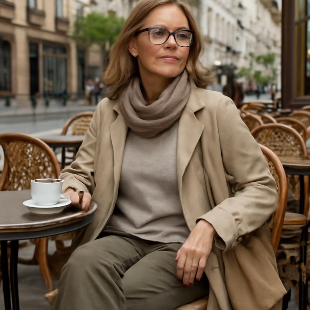 Femme stylée en tenue voyage confortable sur une terrasse parisienne