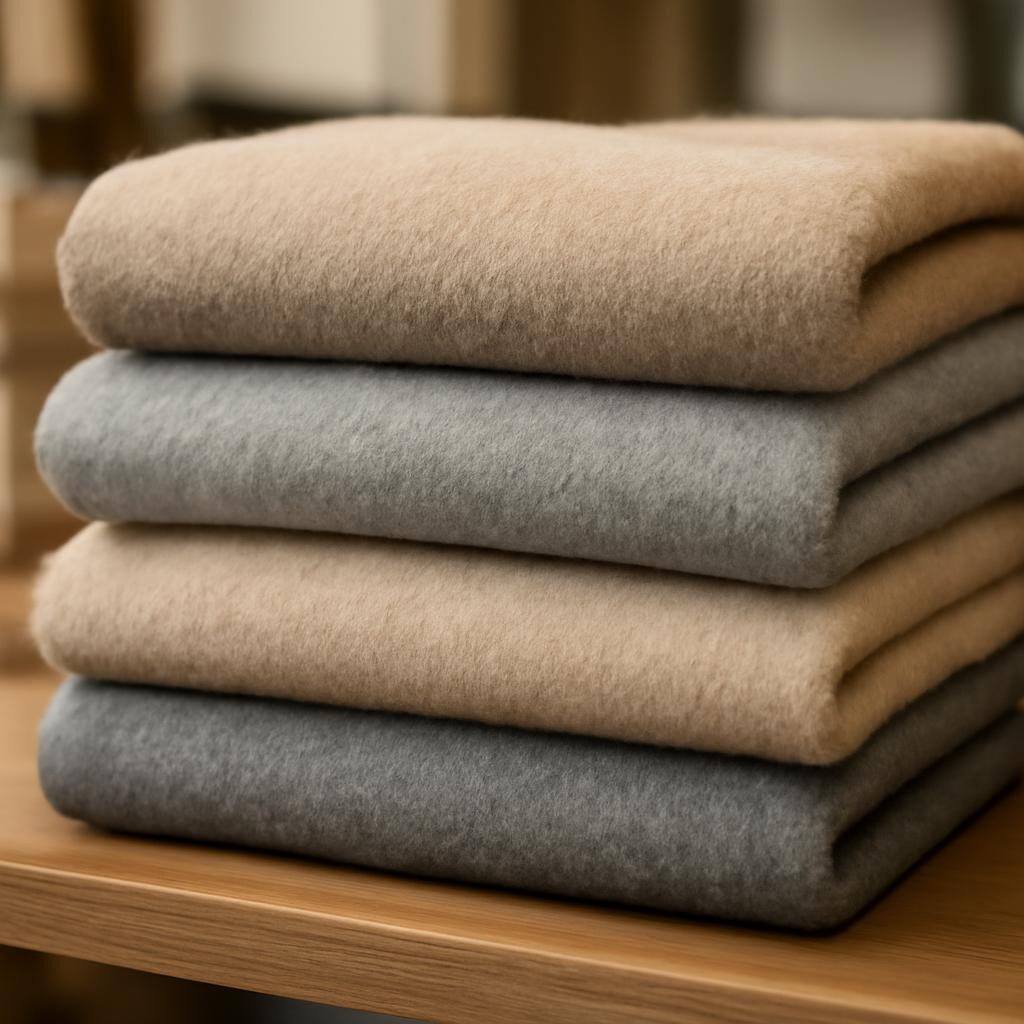 Pulls en cachemire pliés sur étagère en bois