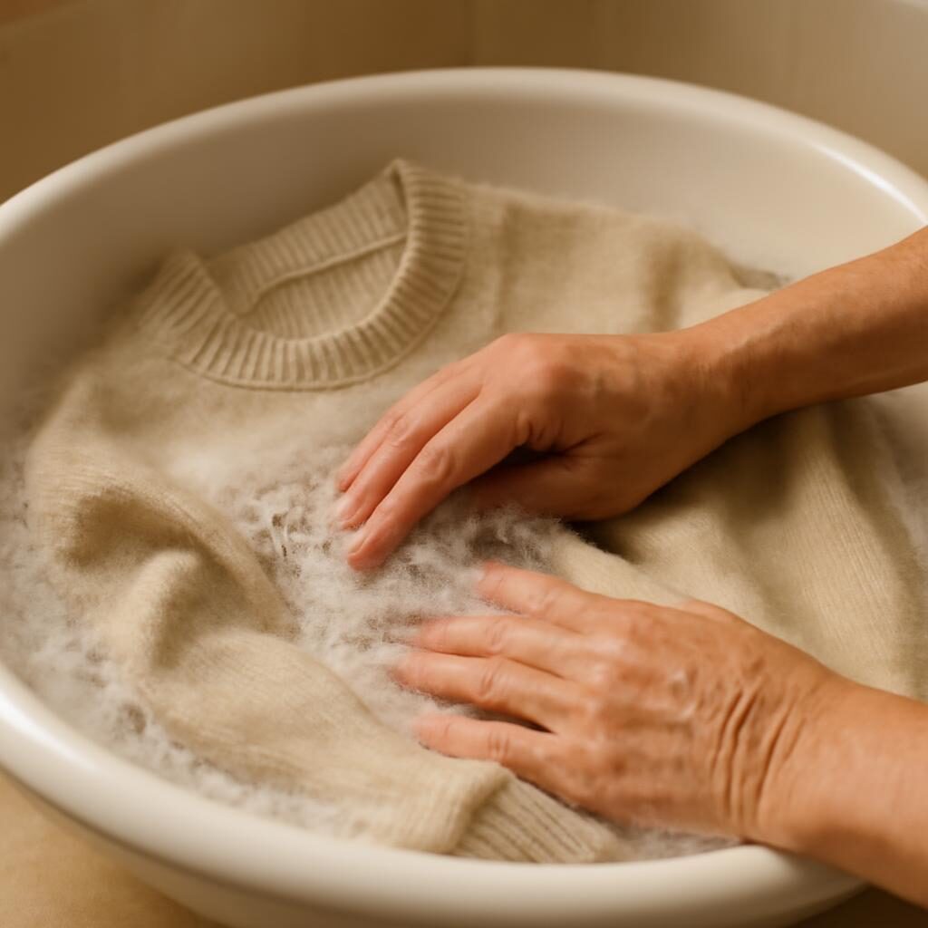Lavage à la main d un pull en cachemire dans une bassine