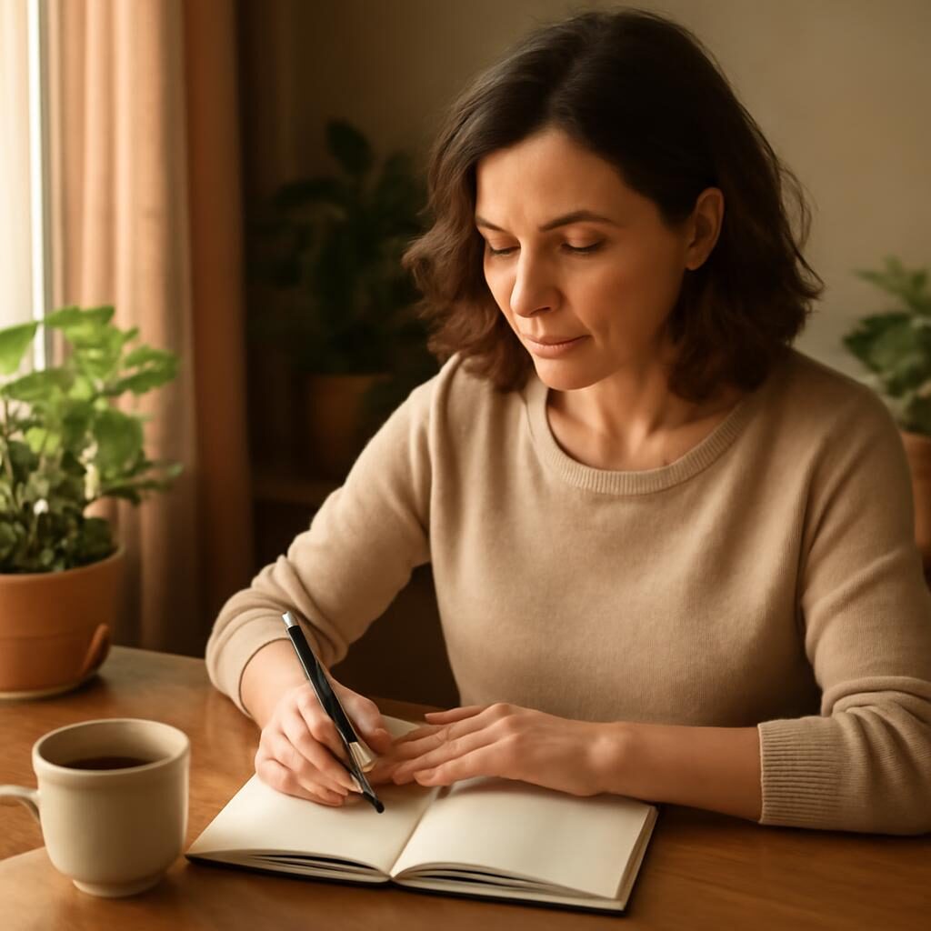 Femme écrit dans son journal pratique introspection