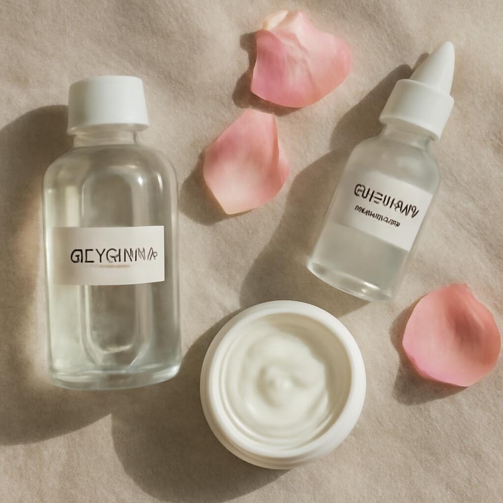 Routine skincare glycérine hyaluronique céramide flat lay