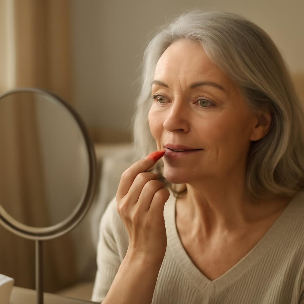 Femme mature applique baume à lèvres teinté devant miroir